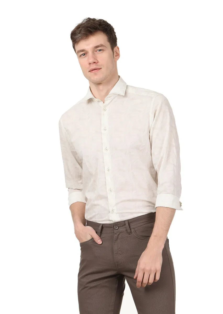 Ecru Printed Regular Fit Weaving Casual 100% Cotton Shirt - 1