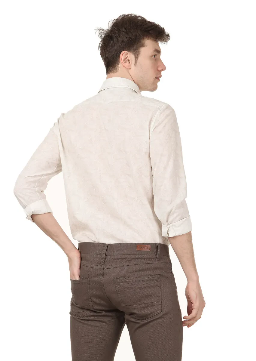 Ecru Printed Regular Fit Weaving Casual 100% Cotton Shirt - 4