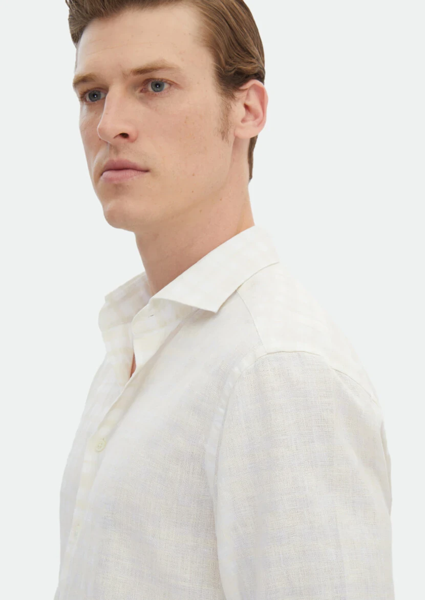 Ecru Printed Regular Fit Weaving Casual 100% Linen Shirt - 5