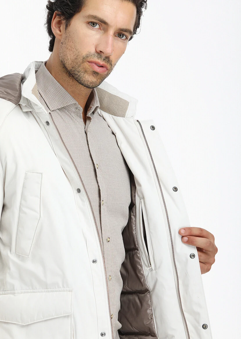 Ecru Regular Fit Casual Weaving Removable Hood Coat - 4