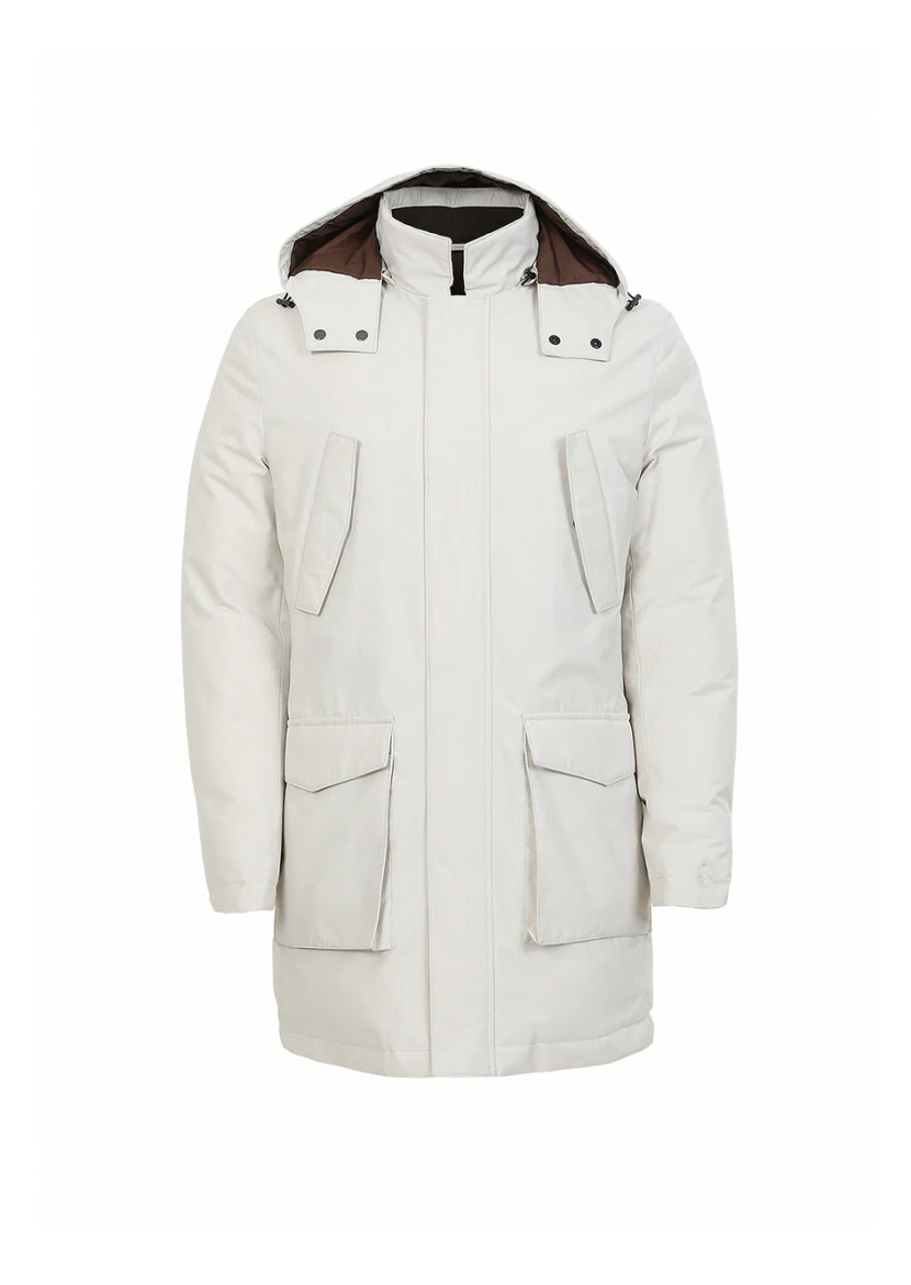 Ecru Regular Fit Casual Weaving Removable Hood Coat - 6