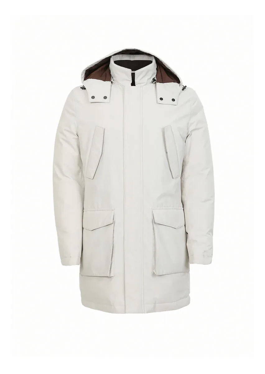 Ecru Regular Fit Casual Weaving Removable Hood Coat - 6