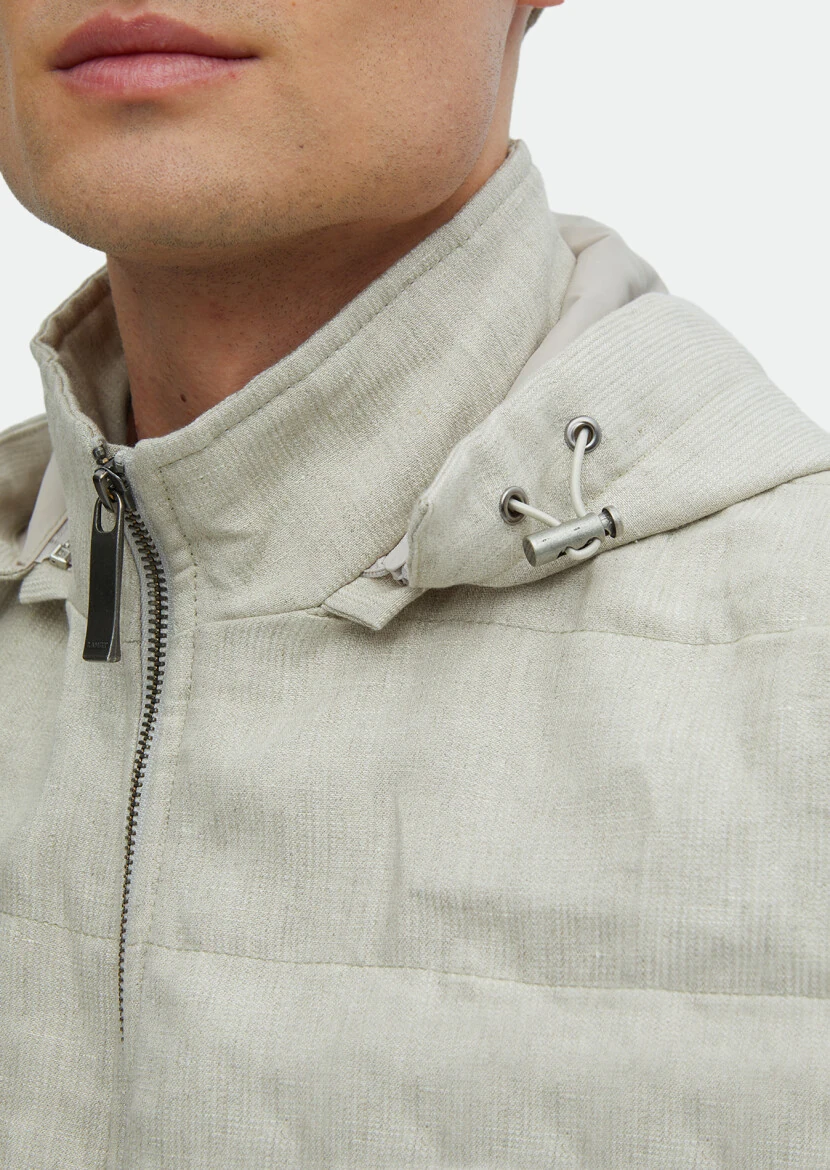 Ecru Regular Fit Casual Weaving Removable Hood Puffer Vest - 5