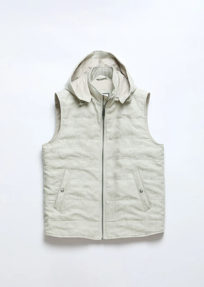 Ecru Regular Fit Casual Weaving Removable Hood Puffer Vest - 8