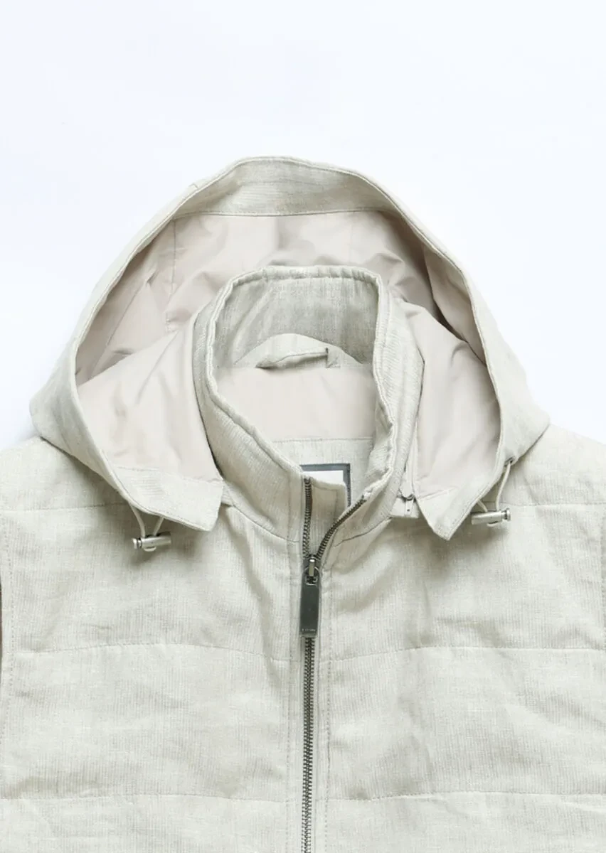 Ecru Regular Fit Casual Weaving Removable Hood Puffer Vest - 9