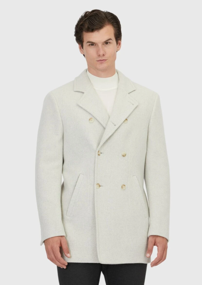 Ecru Regular Fit Double Breasted Collar Casual Weaving Coat - RAMSEY