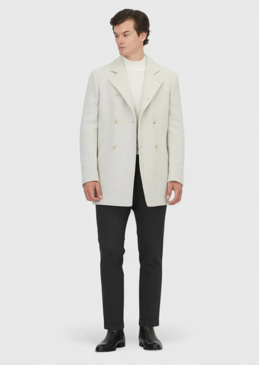 Ecru Regular Fit Double Breasted Collar Casual Weaving Coat - 2