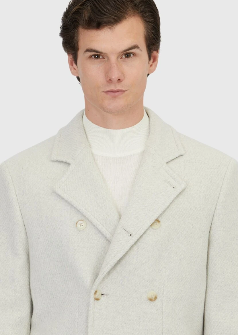 Ecru Regular Fit Double Breasted Collar Casual Weaving Coat - 3