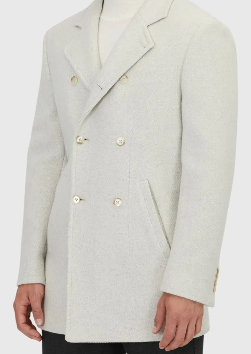 Ecru Regular Fit Double Breasted Collar Casual Weaving Coat - 5