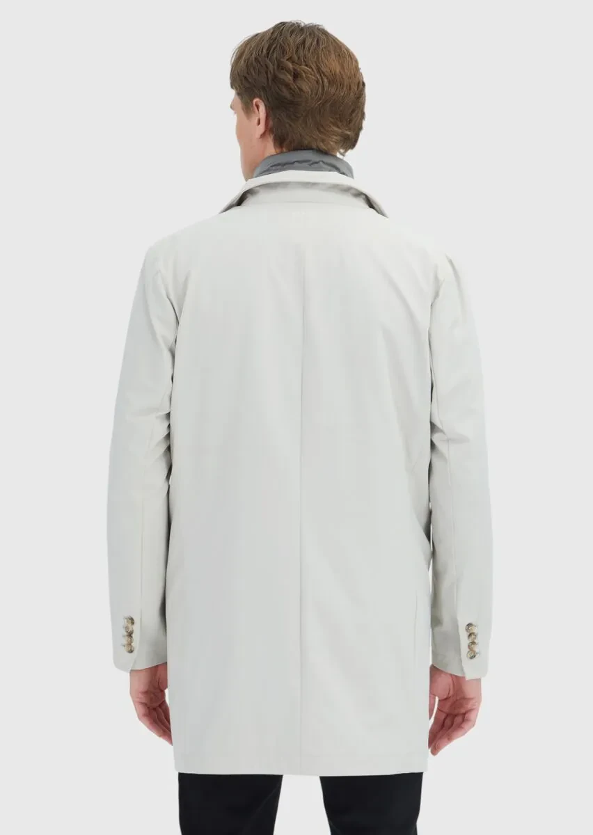 Ecru Regular Fit Double Breasted Collar Casual Weaving Rain Coat - 5