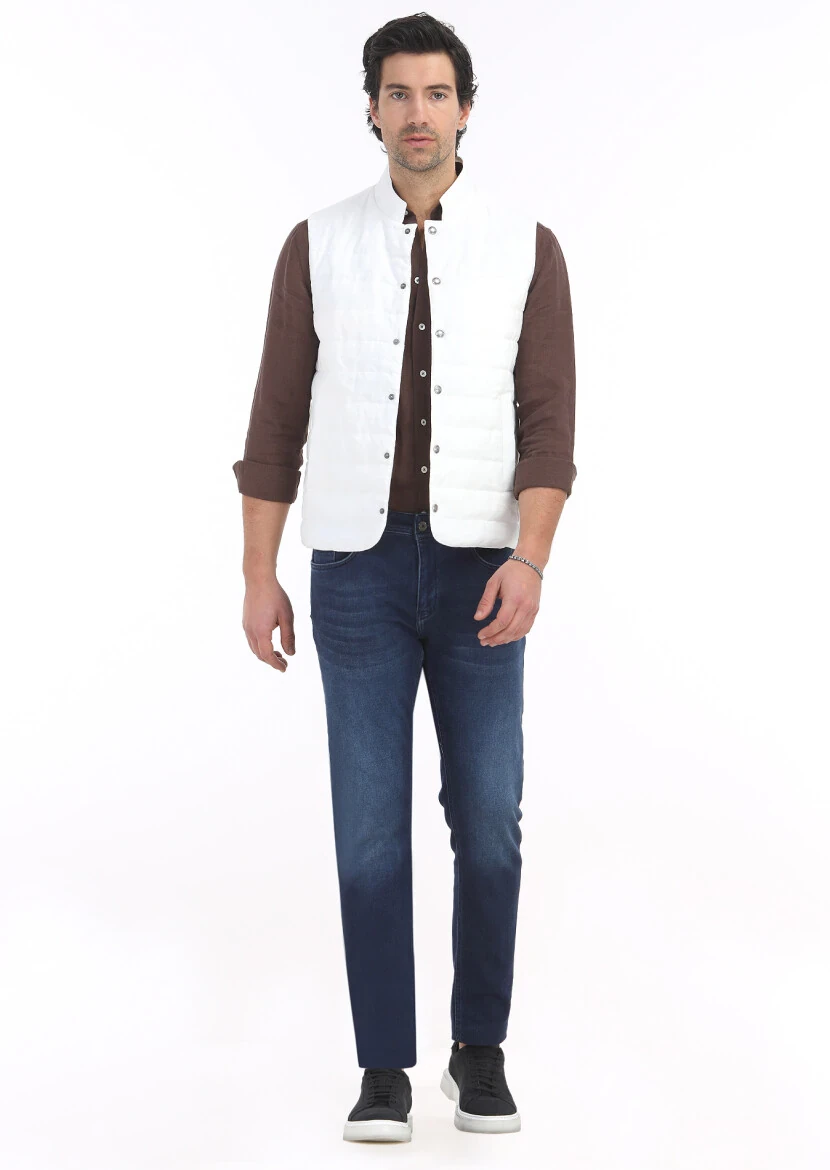 Ecru Regular Fit Mandarin Collar Casual Weaving Puffer Vest - 1