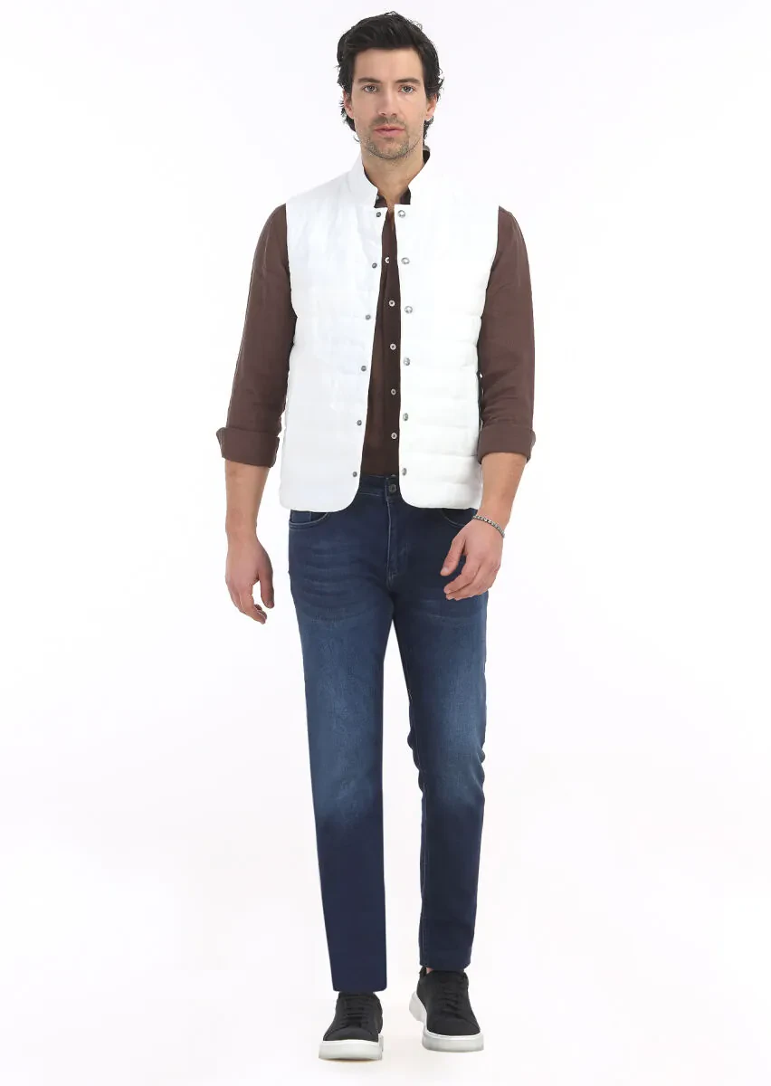 Ecru Regular Fit Mandarin Collar Casual Weaving Puffer Vest - 1