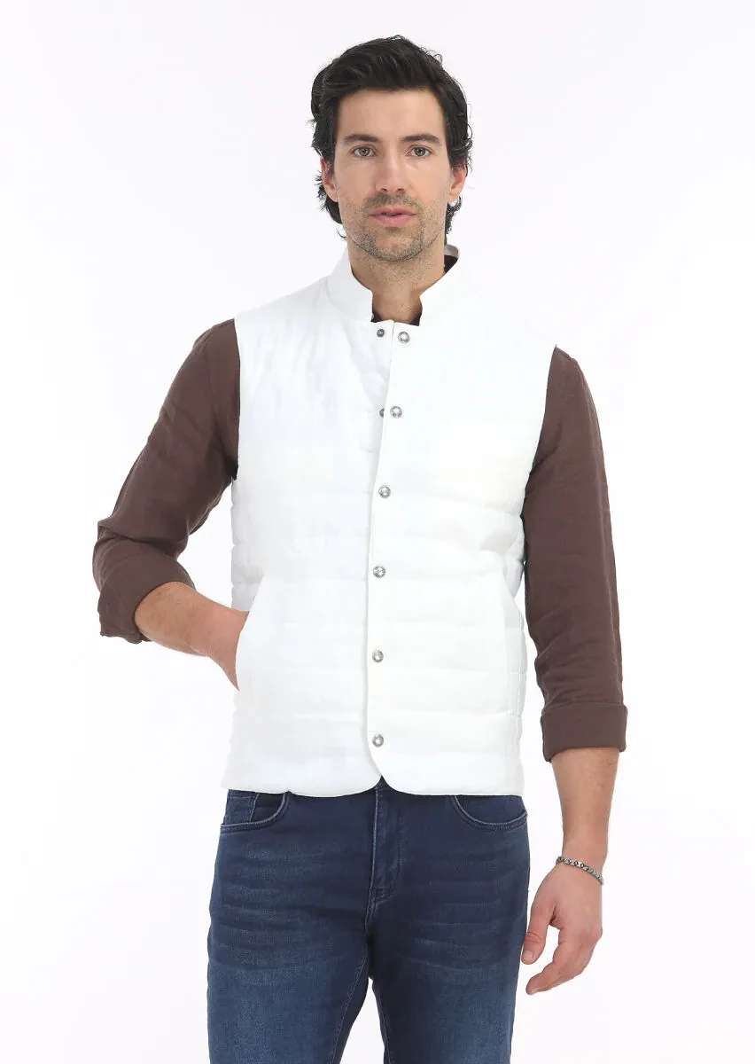 Ecru Regular Fit Mandarin Collar Casual Weaving Puffer Vest - 2