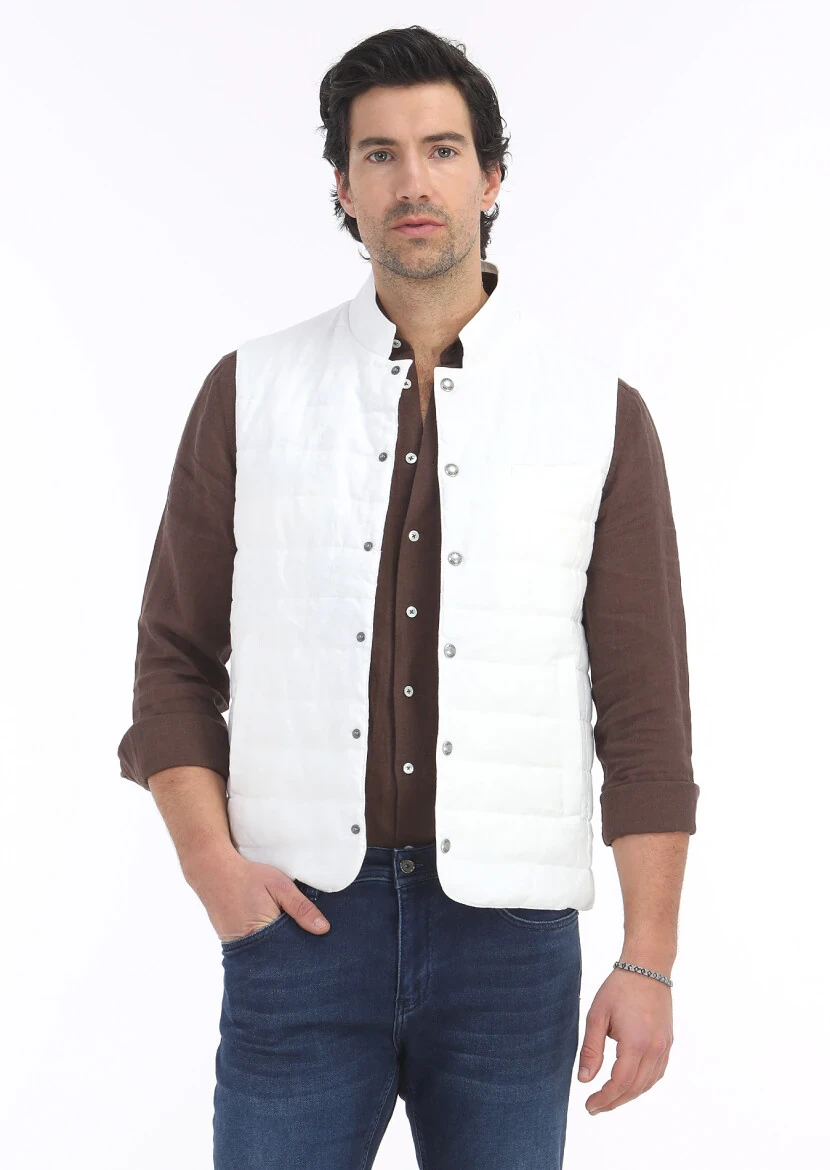 Ecru Regular Fit Mandarin Collar Casual Weaving Puffer Vest - 3