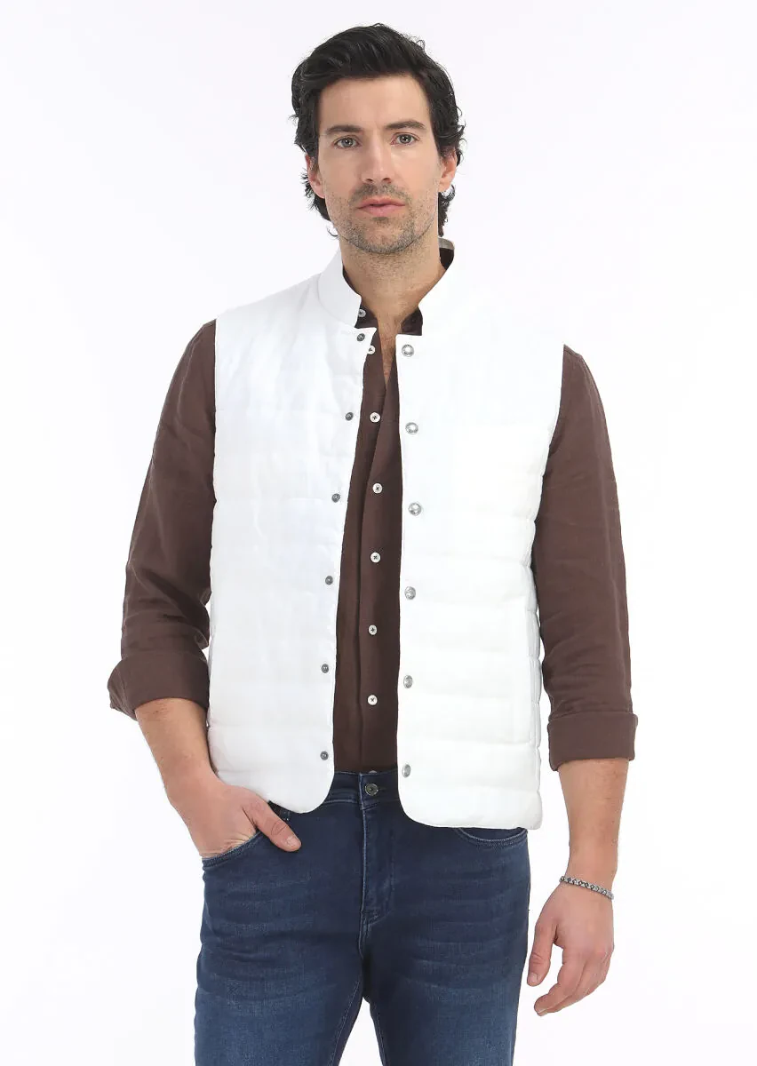 Ecru Regular Fit Mandarin Collar Casual Weaving Puffer Vest - 3