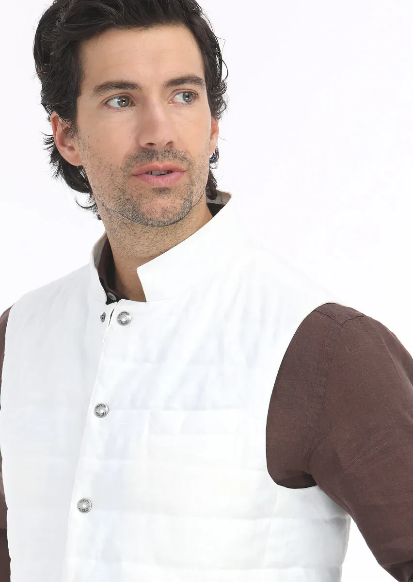 Ecru Regular Fit Mandarin Collar Casual Weaving Puffer Vest - 4