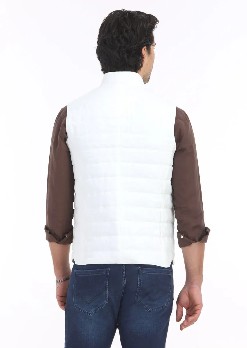 Ecru Regular Fit Mandarin Collar Casual Weaving Puffer Vest - 5