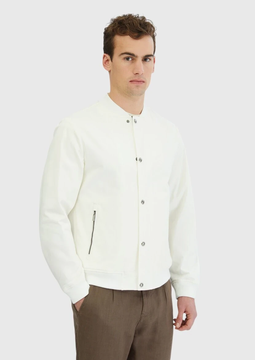 Ecru Regular Fit Turtleneck Casual Weaving Coat - 3