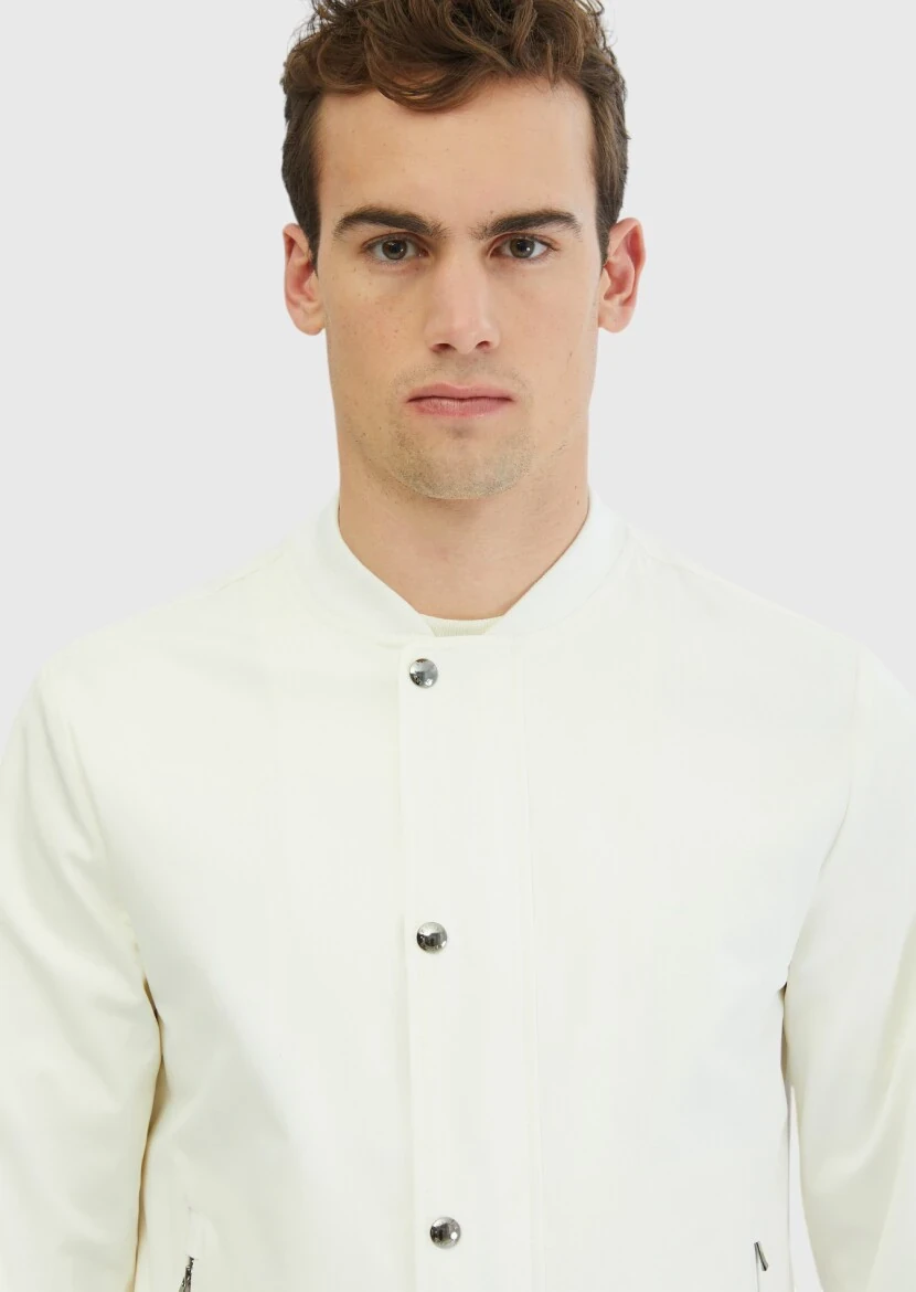 Ecru Regular Fit Turtleneck Casual Weaving Coat - 4