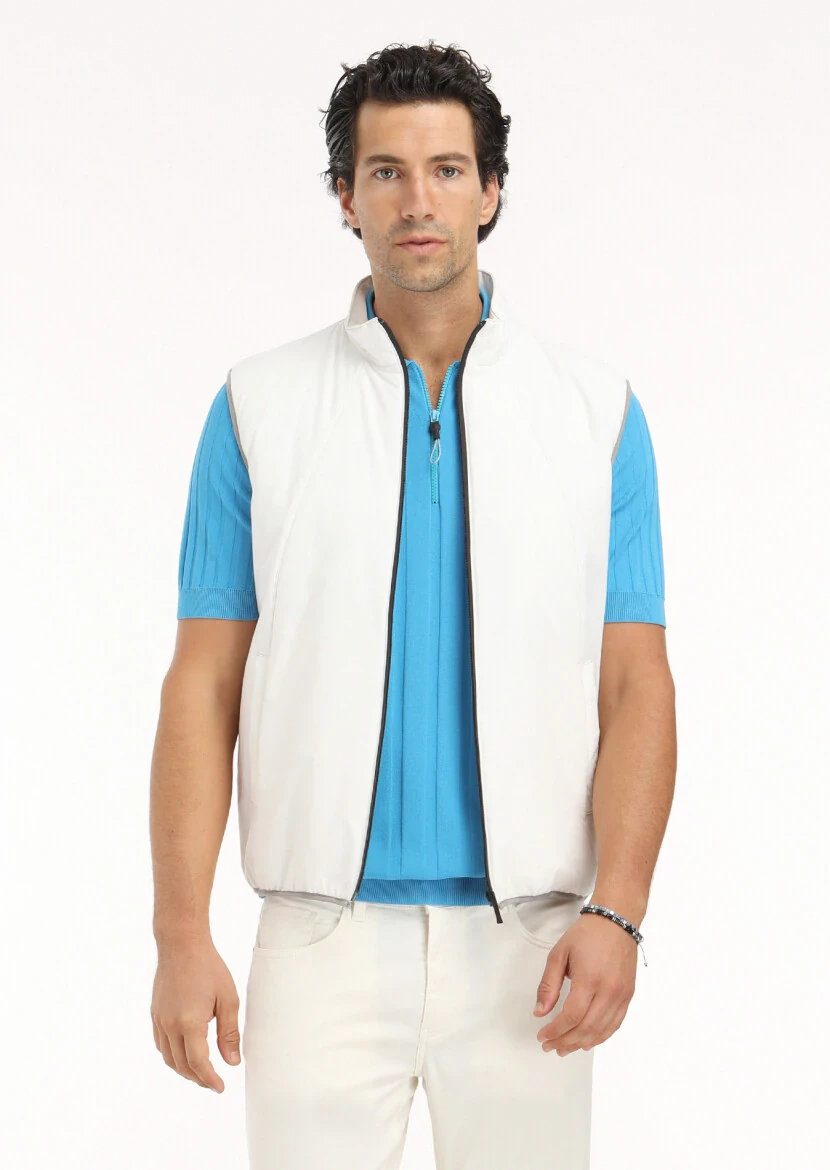 Ecru Regular Fit Turtleneck Casual Weaving Puffer Vest - 3