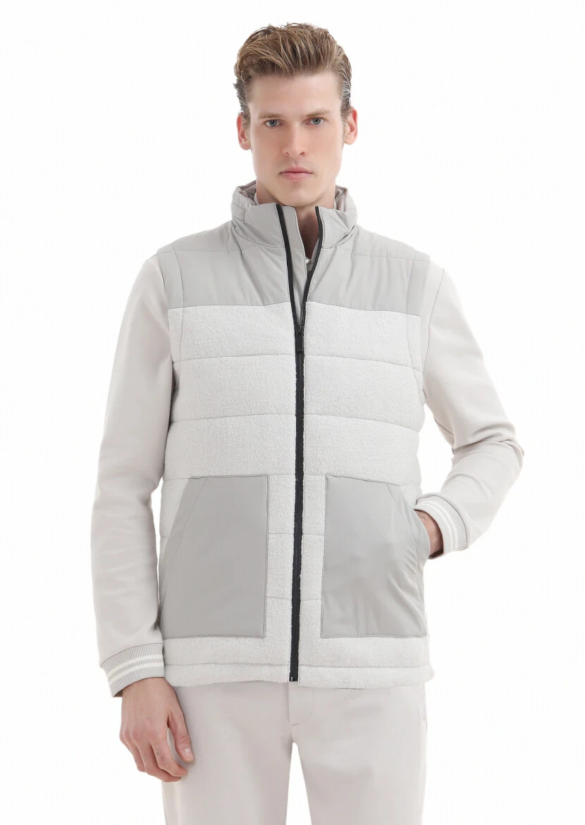 Ecru Regular Fit Turtleneck Casual Weaving Puffer Vest - RAMSEY