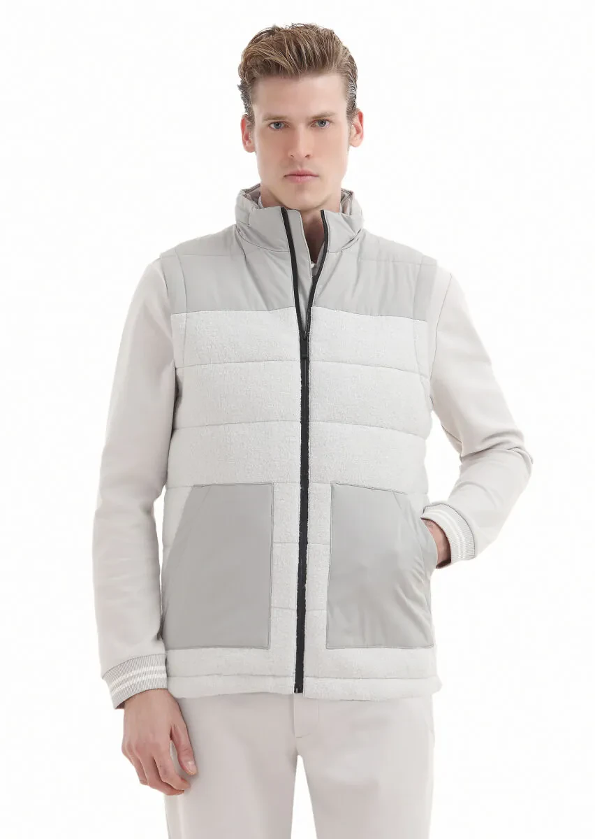 Ecru Regular Fit Turtleneck Casual Weaving Puffer Vest - 1