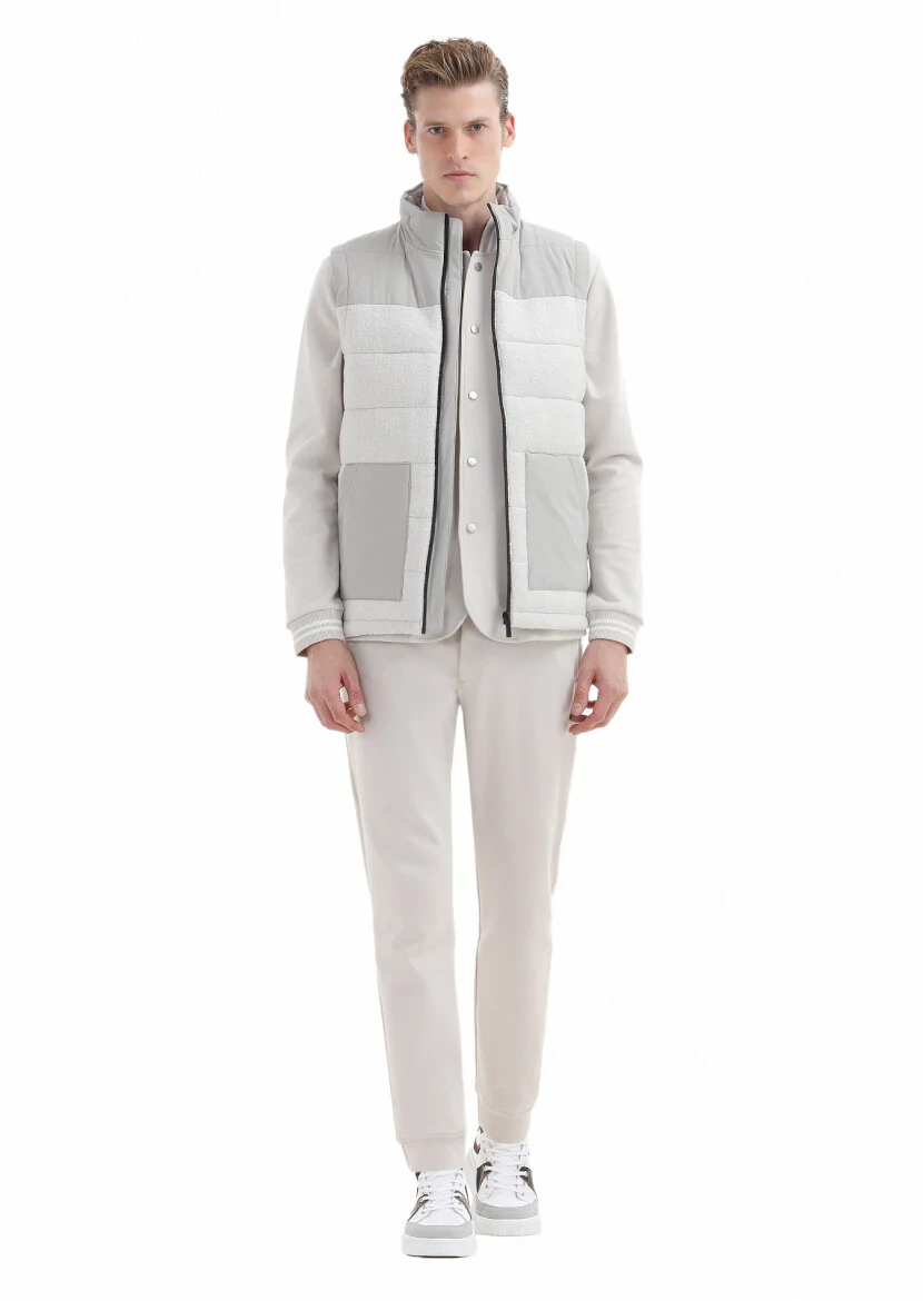 Ecru Regular Fit Turtleneck Casual Weaving Puffer Vest - RAMSEY