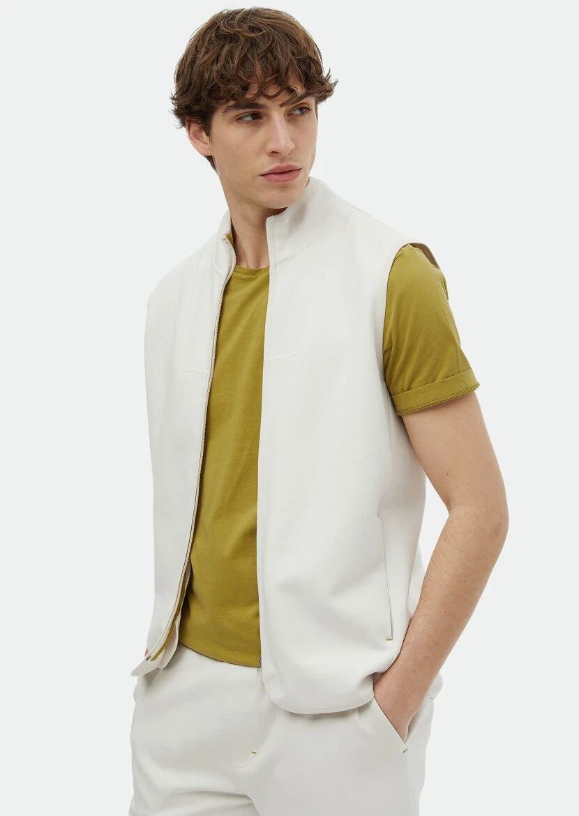 Ecru Regular Fit Turtleneck Sport Knitting Puffer Vest - RAMSEY