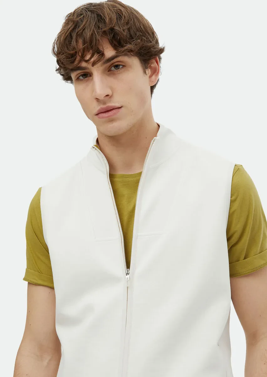 Ecru Regular Fit Turtleneck Sport Knitting Puffer Vest - 3