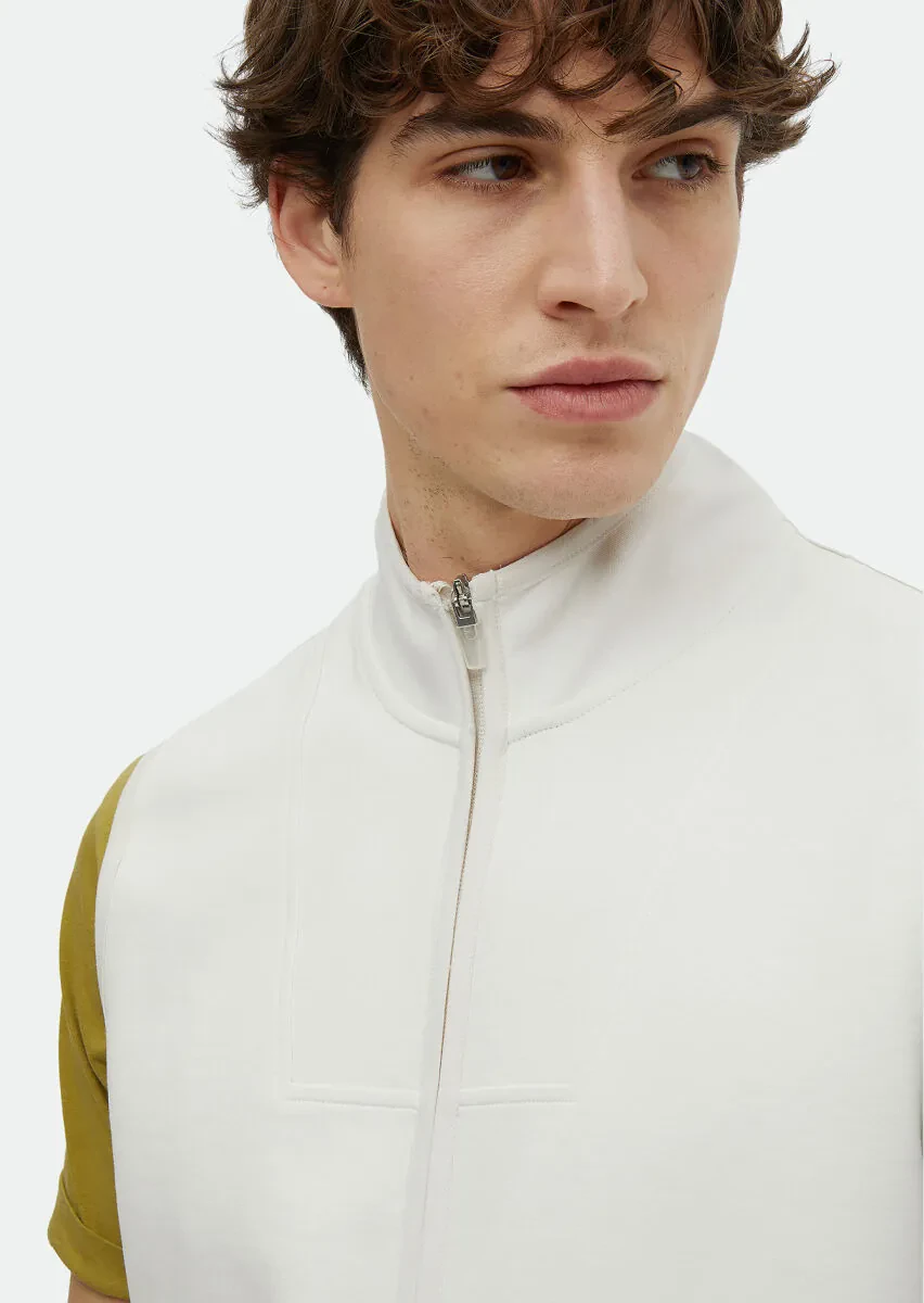 Ecru Regular Fit Turtleneck Sport Knitting Puffer Vest - 4