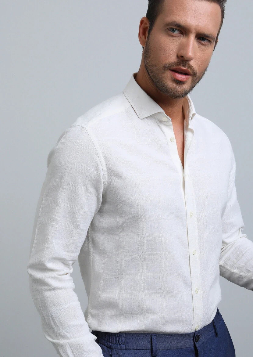 Ecru Regular Fit Weaving Casual Cotton Blended Shirt - 1