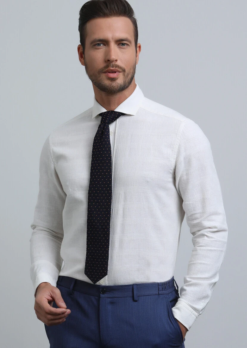 Ecru Regular Fit Weaving Casual Cotton Blended Shirt - 2