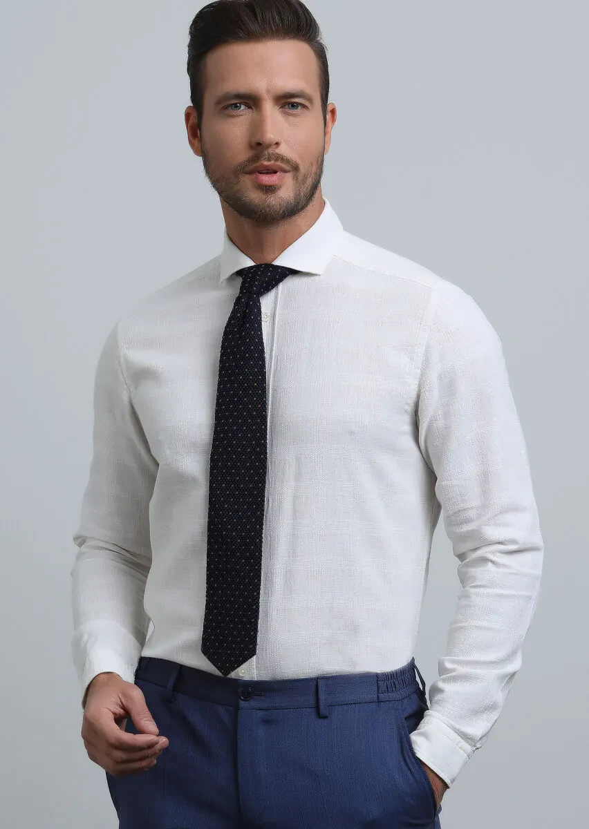 Ecru Regular Fit Weaving Casual Cotton Blended Shirt - 2