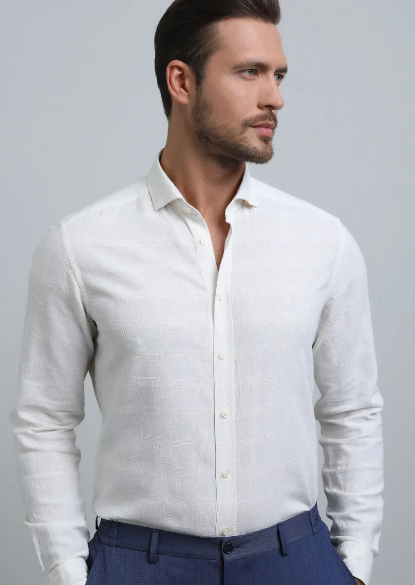 Ecru Regular Fit Weaving Casual Cotton Blended Shirt - 4