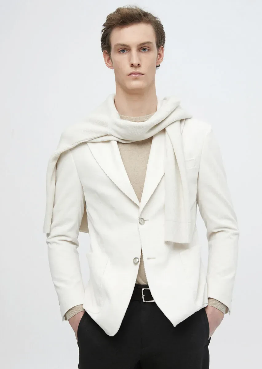 Ecru Ribbed Shirt Shoulder Slim Fit 100% Cotton Jacket - 1