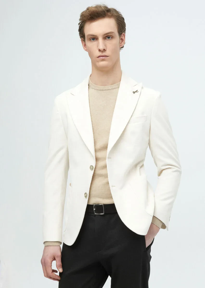 Ecru Ribbed Shirt Shoulder Slim Fit 100% Cotton Jacket - 4