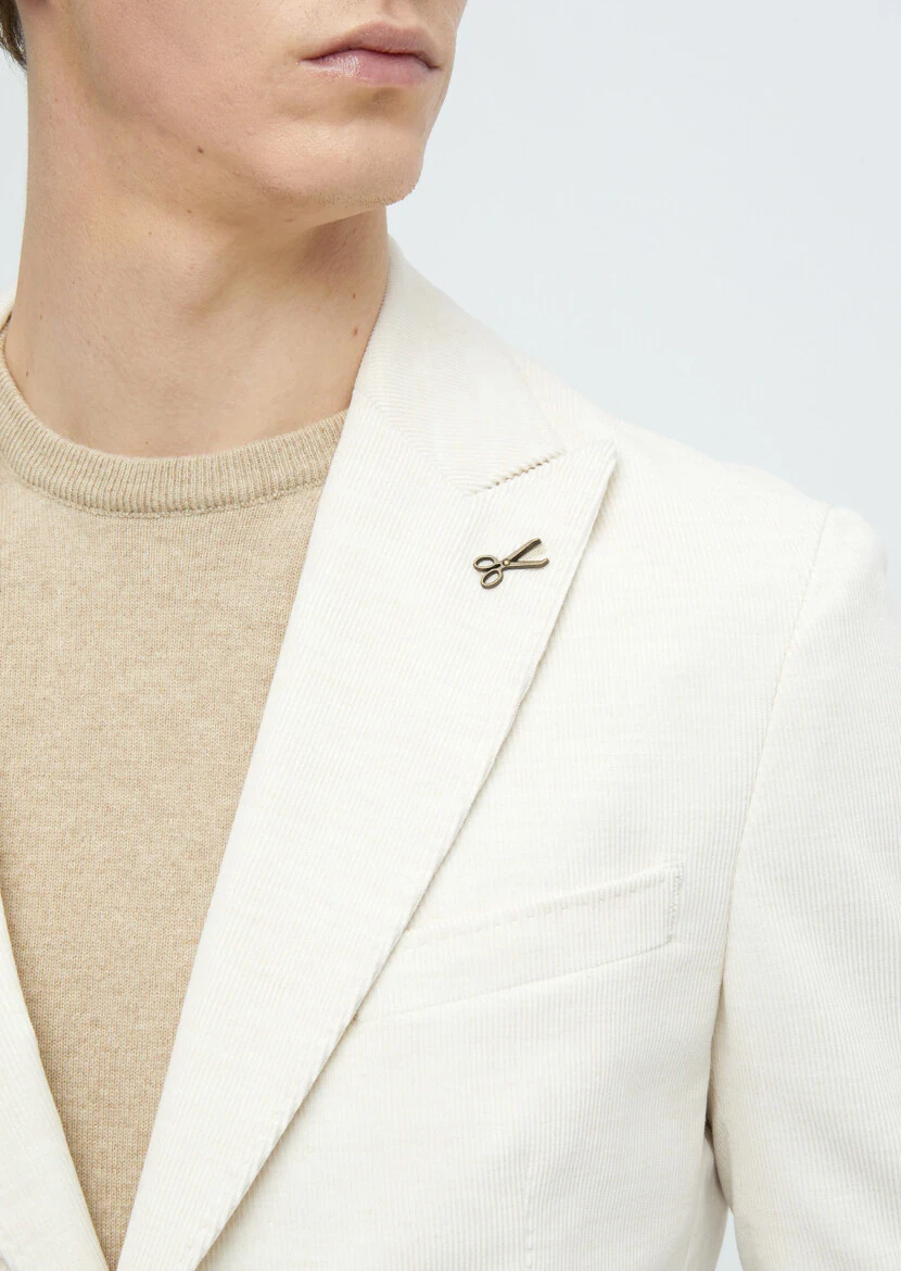 Ecru Ribbed Shirt Shoulder Slim Fit 100% Cotton Jacket - 6