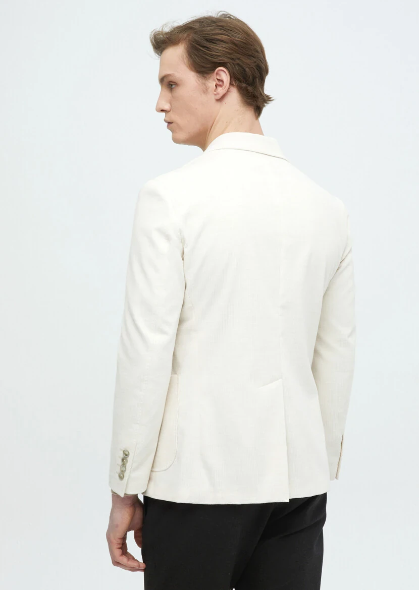 Ecru Ribbed Shirt Shoulder Slim Fit 100% Cotton Jacket - 7