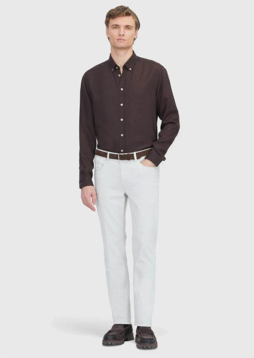 Ecru Slim Fit Denim Cotton Blended Trousers - RAMSEY