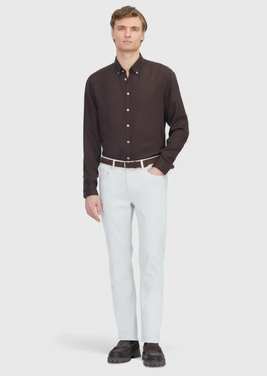 Ecru Slim Fit Denim Cotton Blended Trousers - 1