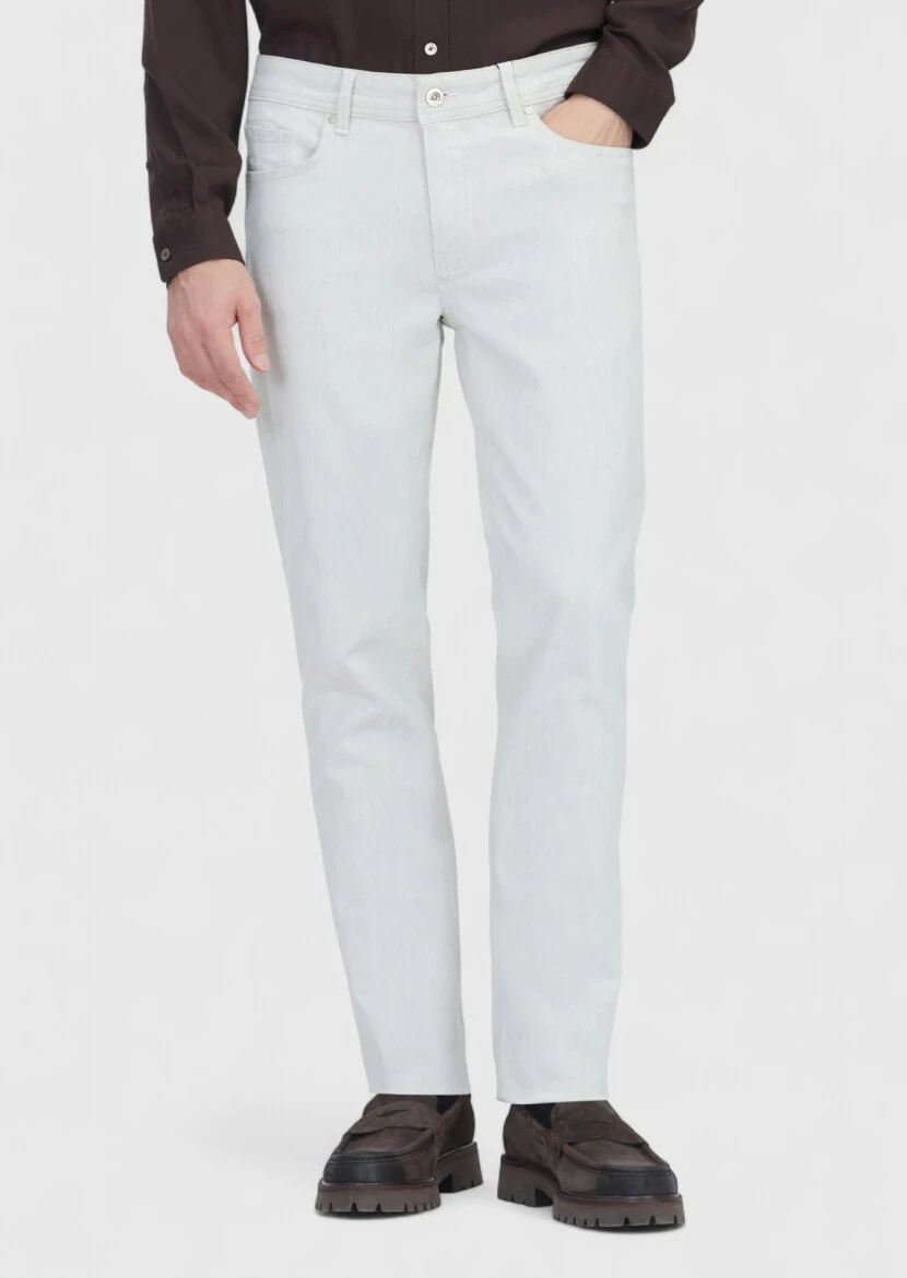 Ecru Slim Fit Denim Cotton Blended Trousers - RAMSEY
