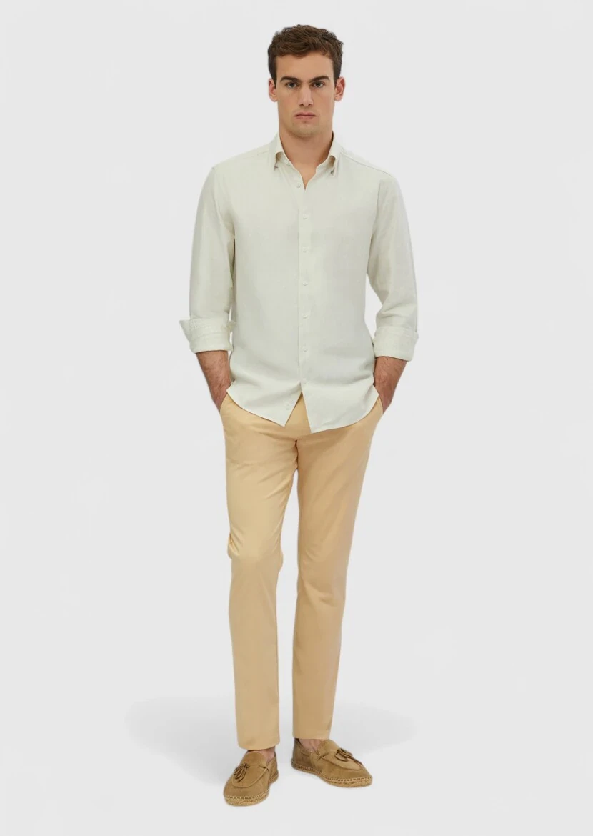 Ecru Striped Casual Fit Weaving Casual Cotton Blended Shirt - RAMSEY