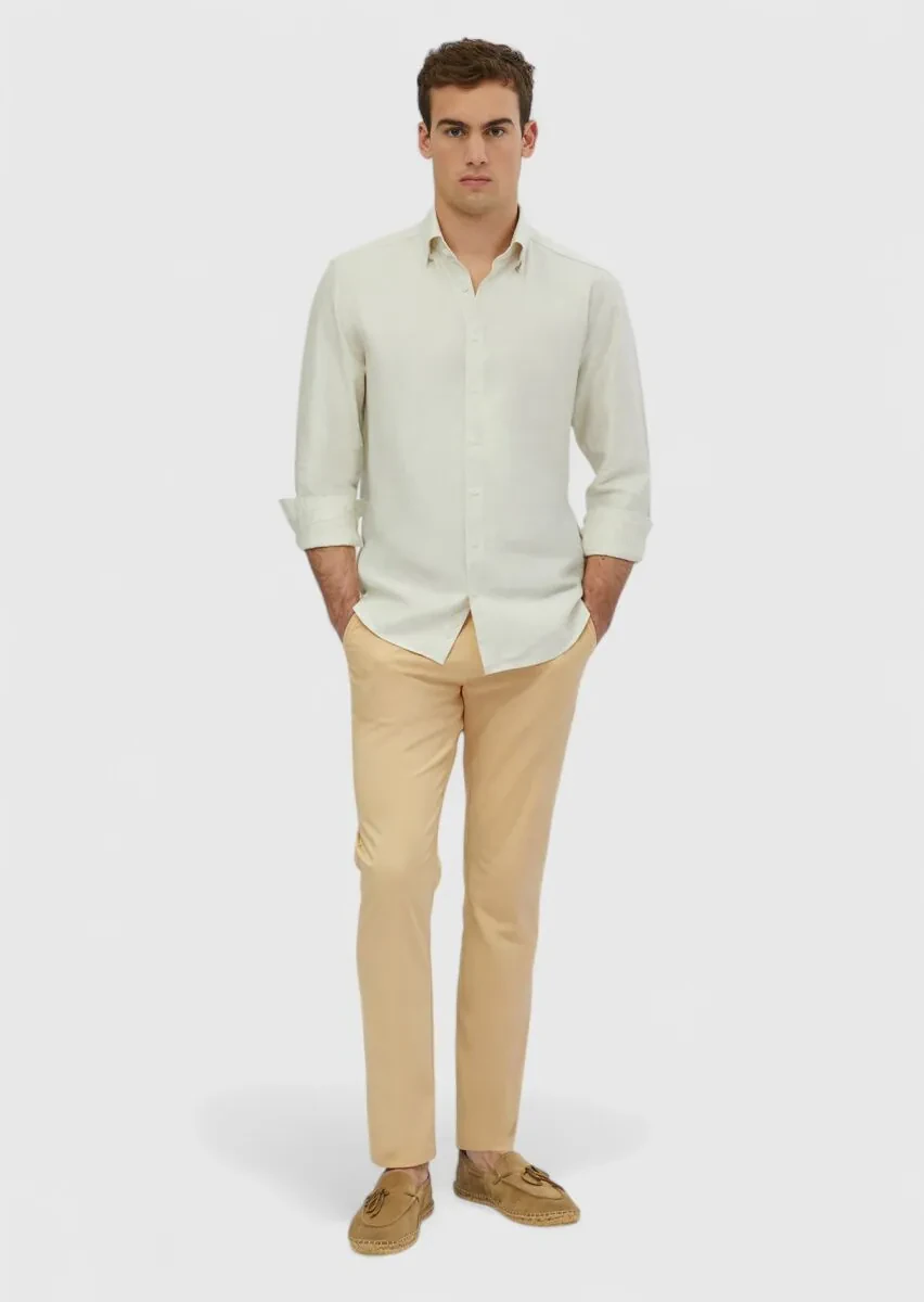 Ecru Striped Casual Fit Weaving Casual Cotton Blended Shirt - 1