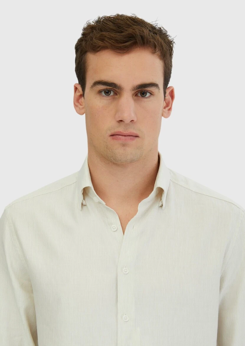 Ecru Striped Casual Fit Weaving Casual Cotton Blended Shirt - RAMSEY