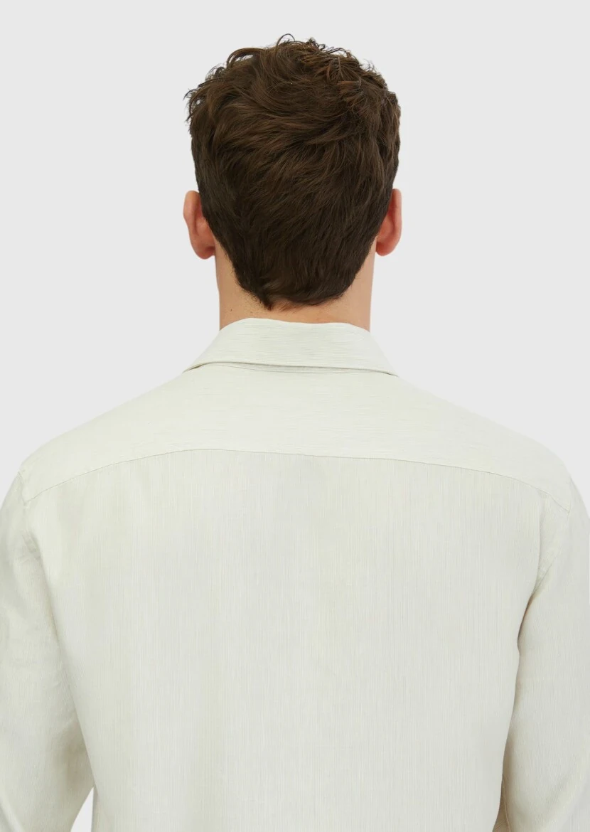 Ecru Striped Casual Fit Weaving Casual Cotton Blended Shirt - 3