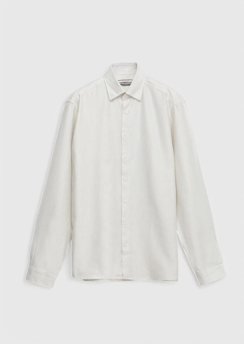 Ecru Striped Casual Fit Weaving Casual Cotton Blended Shirt - 5