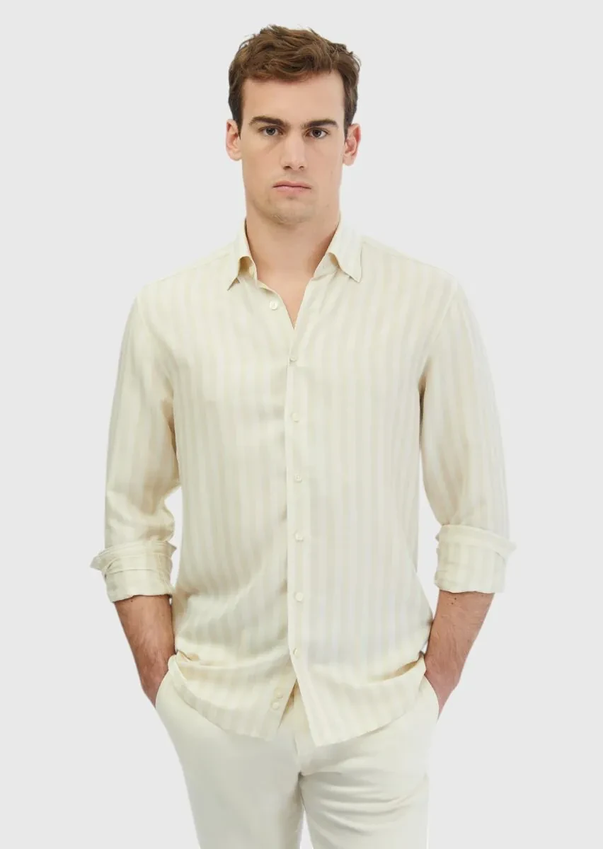 Ecru Striped Casual Fit Weaving Casual Shirt - 1