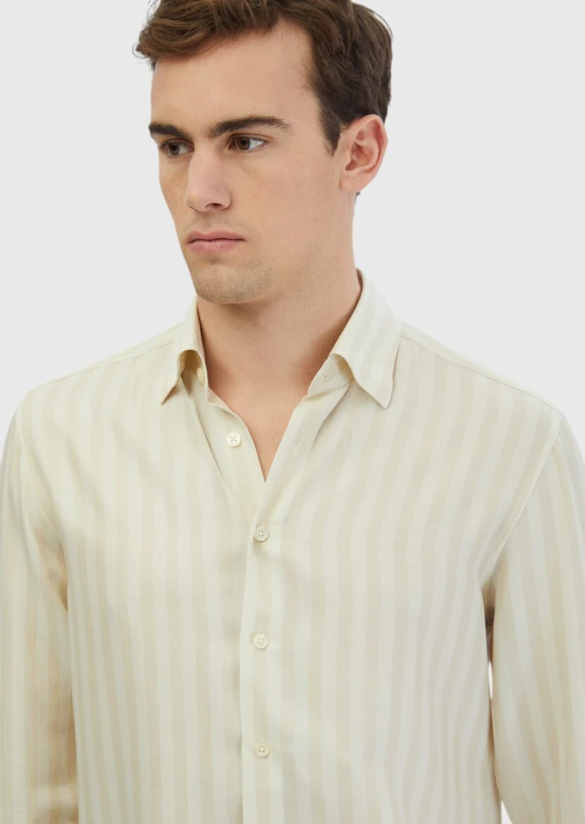 Ecru Striped Casual Fit Weaving Casual Shirt - 3