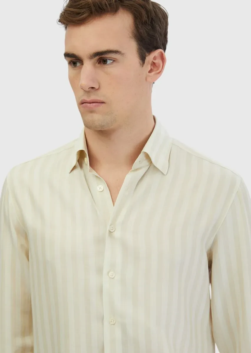 Ecru Striped Casual Fit Weaving Casual Shirt - 3