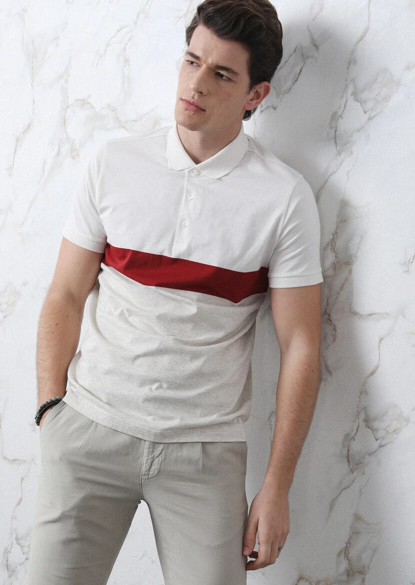 Ecru Striped Polo Neck 100% Cotton T-Shirt - 2